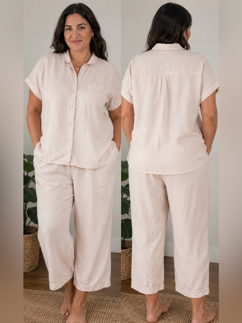 J.Crew light pastel pink linen blend relaxed crop pant shirt set XL